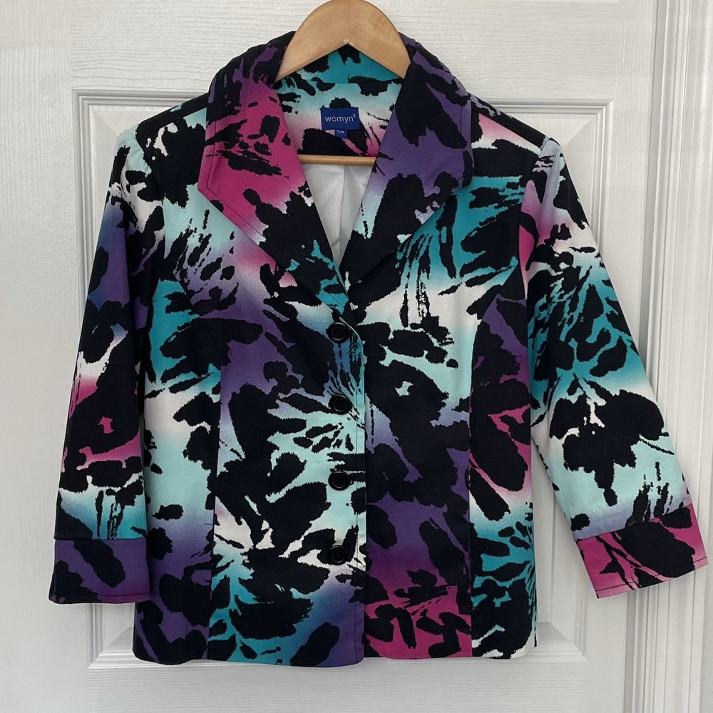 Womyn Women Colorful Black Pink Aqua Floral Blazer Cotton Slit Sleeve Cuff Sz S